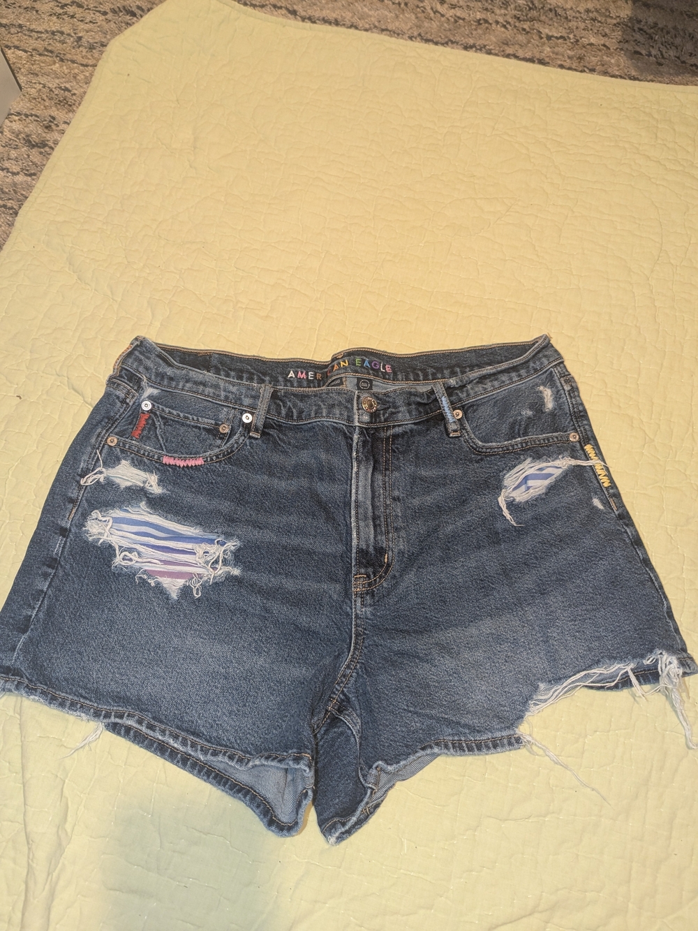American Eagle Outfitters Distressed Denim Shorts with Rainbow Stitching - Blue